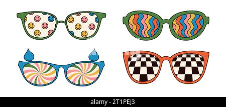 Retro-Sonnenbrille mit groovigen Prints und psychedelischen Farben. Vektorabbildungen isoliert auf weißem Hintergrund Stock Vektor