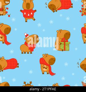 Nahtloses Muster mit süßer Capybara auf blauem Hintergrund. Vektor-Illustration für Weihnachten, Neujahrsdesign, Tapete, Verpackung, Textil. Kinderschule Stock Vektor