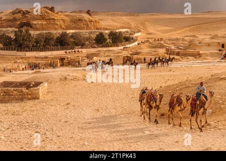 Kairo Ägypten Dez 2022 Tourismus und Kameltransport an den Pyramiden von Gizeh Stockfoto