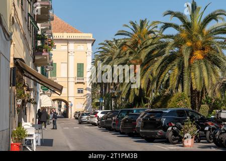 Blick auf die Promenade des beliebten Urlaubsziels mit dem Palazzo Buraggi (16. Jh.) und Palmen im Frühjahr, Finale Ligure, Savona, Ligurien Stockfoto