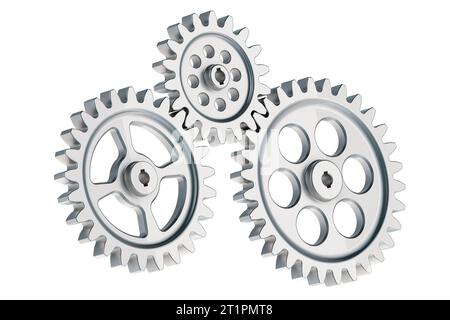 Stahlzahnräder und Zahnradmechanismen, 3D-Rendering isoliert auf weißem Hintergrund Stockfoto