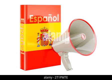 Spanischsprachiges Lehrbuch mit Megaphon. Kurse in spanischer Sprache, 3D-Rendering isoliert auf weißem Hintergrund Stockfoto