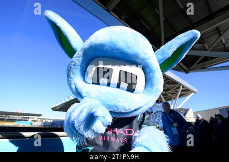 Manchester, Großbritannien. Oktober 2023. Moonchester Manchester City Maskottchen vor dem FA Women's Super League Spiel im Academy Stadium in Manchester. Der Bildnachweis sollte lauten: Ben Roberts/Sportimage Credit: Sportimage Ltd/Alamy Live News Stockfoto