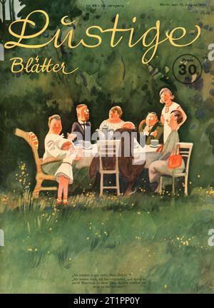 Gruppe Kaffeetrinken im Garten von der Titelseite mit Kunstwerk von KOLLATZ vom 16. August 1936 Ausgabe von LUSTIGE BLATTE in Berlin Stockfoto