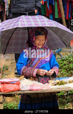Cau Marktszene, Vietnam. Die ältere Hmong-Frau zählt ihr Geld, Provinz Lao Cai. Stockfoto