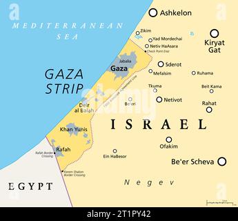 Der Gazastreifen und seine Umgebung, politische Karte. Gaza, selbstverwaltetes palästinensisches Gebiet, schmales Stück Land, das an Israel und Ägypten grenzt. Stockfoto