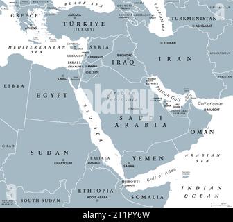 Der nahe Osten, graue politische Karte. Geopolitische Region, die die Arabische Halbinsel, die Levante, die Türkei, Ägypten, den Iran und den Irak umfasst. Naher Osten. Stockfoto