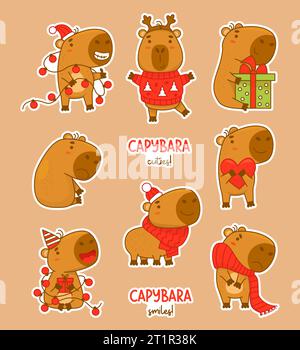 Coole Sticker Weihnachten süße Capybaras mit Neujahrsgirlande, Geschenk, Strickpullover und Schal. Vektorabbildung. Isolierte lustige Tierfigur Stock Vektor