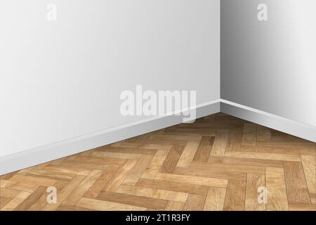 Nahaufnahme einer Ecke eines Zimmers mit Fischgrätenparkett und weißen Wänden, 3D-Illustration, Vollrahmen. Stockfoto