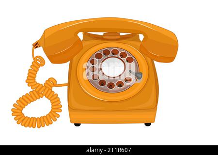 Altmodisches Telefon. Altes gelbes Festnetztelefon, Vorderansicht. Home Retro-Stil Telefon.Call Symbol.Rotary drahtgebundenes Telefon mit Hörer.Vektor-Illustration Stock Vektor