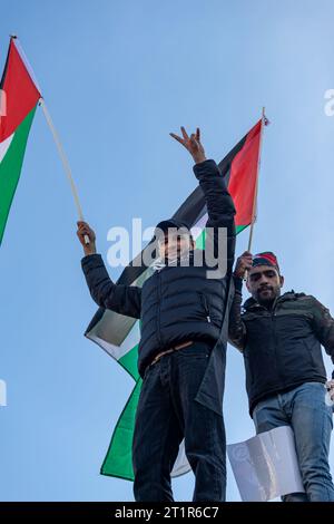 Belfast, Großbritannien. Oktober 2023. Einige Tausend Menschen nehmen an dem "Marsch für Palästina" im Zentrum von Belfast Teil, um die anhaltende Vergeltung der israelischen Verteidigungskräfte in Gaza hervorzuheben, die bis heute 2300 Todesopfer nach dem Massaker an 1300 Israelis durch die Hamas am vergangenen Wochenende hinterlassen hat. Es gab eine kleine Gegendemonstration von einigen Personen, die den Stern der David-Flagge hochhielten. Die Rallye wurde von der Ireland Palestine Solidarity Campaign (IPSC) Credit: Bonzo/Alamy Live News organisiert Stockfoto