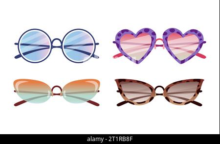 Eine Sonnenbrille. Tisheydy – Runde Hippie-Sonnenbrille mit Regenbogen – Vintage – Pink – Herz – Katzenauge mit Tieropardenmuster und rechteckigem Rand. Für Aufkleber, Poster Stock Vektor