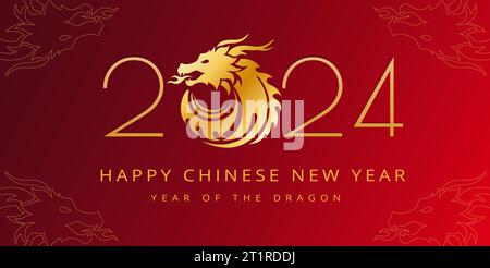 Happy Chinese New Year 2024 Dragon Zodiac Zeichen - Gold 2024 Logo mit Drachenkopf auf rotem Hintergrund - Vektor minimalistisches Design Hintergrund Stock Vektor