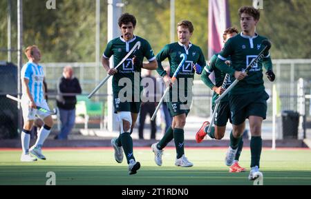 Waterloo, Belgien. Oktober 2023. Blaise Rogeau von Watducks feiert, nachdem er am Sonntag, den 15. Oktober 2023, am siebten Tag der Saison 2023-2024, in Waterloo ein Hockeyspiel zwischen Waterloo Ducks und Gantoise erzielt hat. BELGA PHOTO VIRGINIE LEFOUR Credit: Belga News Agency/Alamy Live News Stockfoto