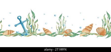 Horizontales Aquarellmeer, nahtloses Marinemuster. Nautischer Anker, Algen, Muscheln und Wasserblasen. Handgezeichnete Abbildung. Kann sein Stockfoto
