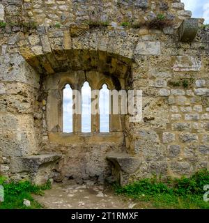 Gotische Tracierfenster in einem alten Wandfragment, mittelalterliche Burgruinen von Hohenurach, Bad Urach, Schwäbische Alb, Baden-Württemberg, Deutschland. Stockfoto