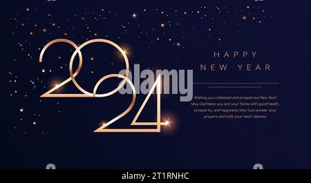 Happy New Year 2024 Hintergrund - Goldenes 2024 Logo und Neujahrswünsche von Gesundheit und Wohlstand - perfektes Neujahrsluxuriöses Design für Grußkarten oder Stock Vektor