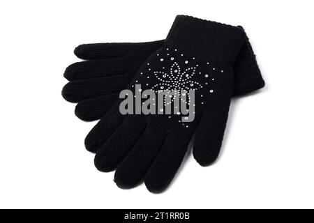 Schwarze Winterhandschuhe aus Wolle für Damen mit Strasssteinchen auf weißem Hintergrund Stockfoto