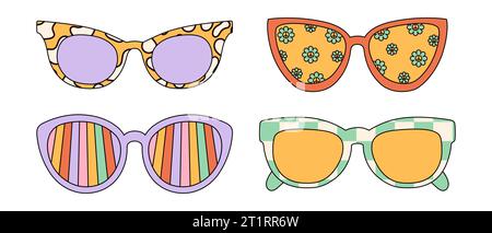 Set mit groovigen Sonnenbrillen mit psychedelischen Drucken. Vektorgrafiken isoliert auf weißem Hintergrund Stock Vektor