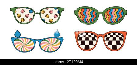 Retro-Sonnenbrille mit groovigen Prints und psychedelischen Farben. Vektorabbildungen isoliert auf weißem Hintergrund Stock Vektor