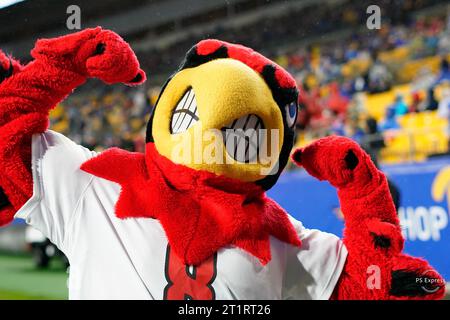 Pittsburgh, PA, USA. Oktober 2023. 14. Oktober 2023: Maskottchen der Kardinäle während des Spiels der University of Pittsburgh Panthers gegen University of Louisville Cardinals in Pittsburgh PA im Acrisure Stadium. Brook Ward/AMG (Credit Image: © AMG/AMG Via ZUMA Press Wire) NUR REDAKTIONELLE VERWENDUNG! Nicht für kommerzielle ZWECKE! Stockfoto