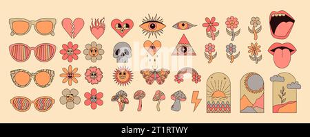 Groovige Hippie Sticker Pack mit trippischen Pilzen, Herz, Blume, Lippen, Augen, sonnenbrillen und mehr. Vintage-Vektorgrafiken Stock Vektor