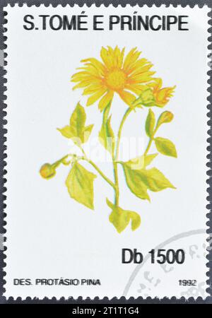 Gestempelte Briefmarke von São Tomé und Príncipe, die gelbe Blume zeigt, um 1993. Stockfoto