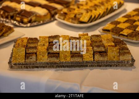 Verschiedene Kuchenstücke aus Thüringen wunderschön im Muster auf Kuchenteller angeordnet Stockfoto