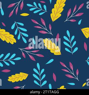 Bunte Blätter auf dunklem Hintergrund nahtloses Muster für Geschenkpapier, Tapeten, Textilien usw. Stock Vektor