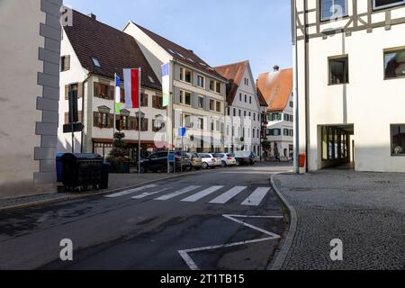 Historische Altstadt von Riedlingen, Baden-Württemberg, im Sommer mit Storchennest Stockfoto