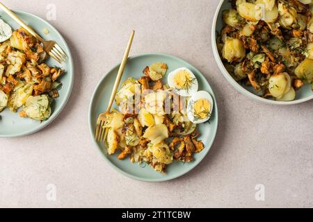 Köstliche herzhafte Abendessen oder Mittagessen, gebratene junge Kartoffeln mit Waldpilzen Chanterelles mit Dill, gekochte Eier, saisonale Speisen Stockfoto