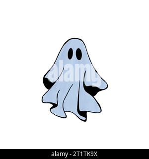 Flache Freihand-Halloween-Illustration mit Geist. Glückliche Geisterfiguren für Kinder. Flache Aufkleber. Stockfoto