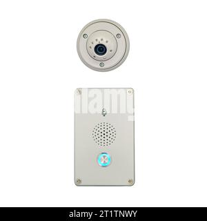 Gegensprechanlage für Passagiere mit Zugführer und CCTV-Kamera, isoliert auf weißem Hintergrund. Überwachungskamera an der Wand eines Transportes Stockfoto