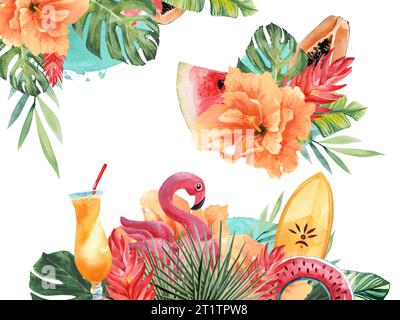 Helle saftige Illustration zum Thema tropische Pflanzen und Strandurlaub. Aquarellzeichnung von Hand auf weißem Hintergrund. Zeichnung für die Konstruktion Stockfoto