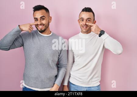 Homosexuelles Paar, das über rosa Hintergrund steht und mit dem Finger auf Gesicht und Nase zeigt, fröhlich lächelnd. Schönheitskonzept Stockfoto