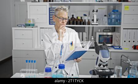 Tief in Gedanken, eine grauhaarige Senior Wissenschaftlerin, die ein faszinierendes medizinisches Buch in ihrem Labor studiert und liest. Stockfoto