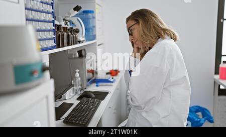 Erschöpfte junge blonde Wissenschaftlerin Frau überwältigt, die Mitternachtsöl an ihrem Laborcomputer verbrennt, inmitten kritischer medizinischer Forschung Stockfoto