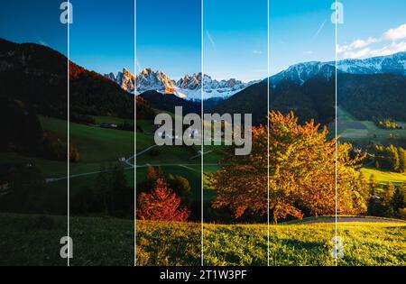 Sonniger Tag im Dorf Ssnta Magdalena. Kreative Collage der Sommerlandschaft mit vertikalem Foto. Lage berühmter Place Funes Valley, Geißelgruppe, Dolomi Stockfoto