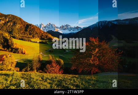 Sonniger Tag im Dorf Ssnta Magdalena. Kreative Collage der Sommerlandschaft mit vertikalem Foto. Lage berühmter Place Funes Valley, Geißelgruppe, Dolomi Stockfoto