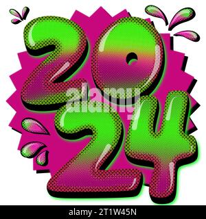 2024 Silvester-Illustration im Retro-Stil in Grün und Pink mit Halbton, Clip-Art, auf weißem Hintergrund Stockfoto