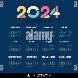 Kalenderjahr 2024. Farbvektorvorlage. Die Woche beginnt am Sonntag. Basisraster. Fertiges Design Stock Vektor