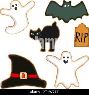Kekse in Form von Fledermaus, Grabstein, Hexenhüte, Katze. Set für Banner, Karte, Flyer. Halloween. Oktober. Vektorillustration auf weißem Hintergrund. Stock Vektor