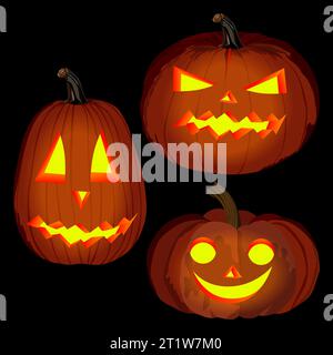 Glühend geschnitzte Kürbisse für Halloween. Orangefarbener Kürbis für Banner, Flyer, Poster, Karten. Laternenkürbis. Oktober. Vektordarstellung isoliert auf d Stock Vektor