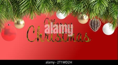 Frohe Weihnachten roter Hintergrund mit Geschenkbox, grüner Tannenbaum-Kiefernzweig, roter weihnachtskugel, goldenem Hirsch, Jingle-Glocke und stechpalme-Beere. Stockfoto