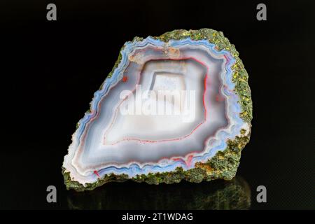 Wunderschöner natürlicher Achatmineralquerschnitt. Nahaufnahme ein glatt geschliffener Edelstein mit roten gewellten gepunkteten Kurven und blauem Rand auf weißer, matter Oberfläche. Stockfoto