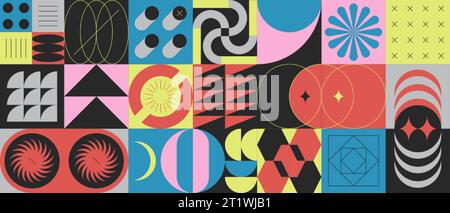 Abstraktes Muster mit geometrischen Formen des Brutalismus oder brutalen zeitgenössischen Figuren. Retro einfache Vektorelemente. Bauhaus-Geometrie-Kunstwerk, minimalistischer Stil mit grundlegenden futuristischen Formen. Stock Vektor