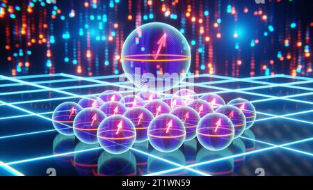 Logikqubit mit Fehlerschutz im Vergleich zu Standard-Qubits, Überlagerung, Konzept des Logikqubits - 3D-Rendering Stockfoto
