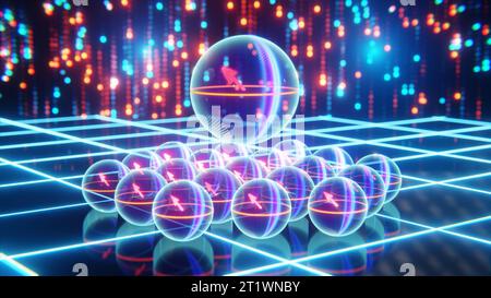 Logikqubit mit Fehlerschutz im Vergleich zu Standard-Qubits, Überlagerung, Konzept des Logikqubits - 3D-Rendering Stockfoto