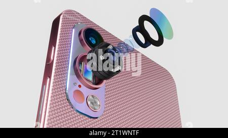 Smartphone-Kameras aus Rotgold mit Metallic-Oberfläche, Explosionsansicht des Objektivs und futuristischem 3D-Rendering Stockfoto