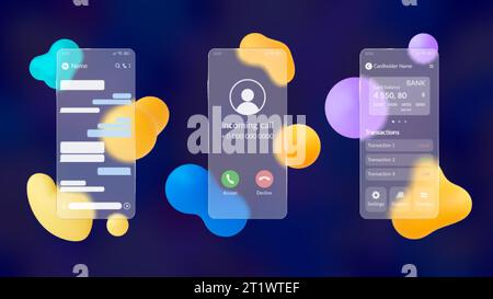 Mockup des Telefons mit mattem Bildschirm. Bilder im Glassmorphismus-Stil und abstrakte 3D-Formen. Verschwommene Kunststoffelemente. Smartphone-Chat oder -Anruf, Online-Bank pithy Stock Vektor